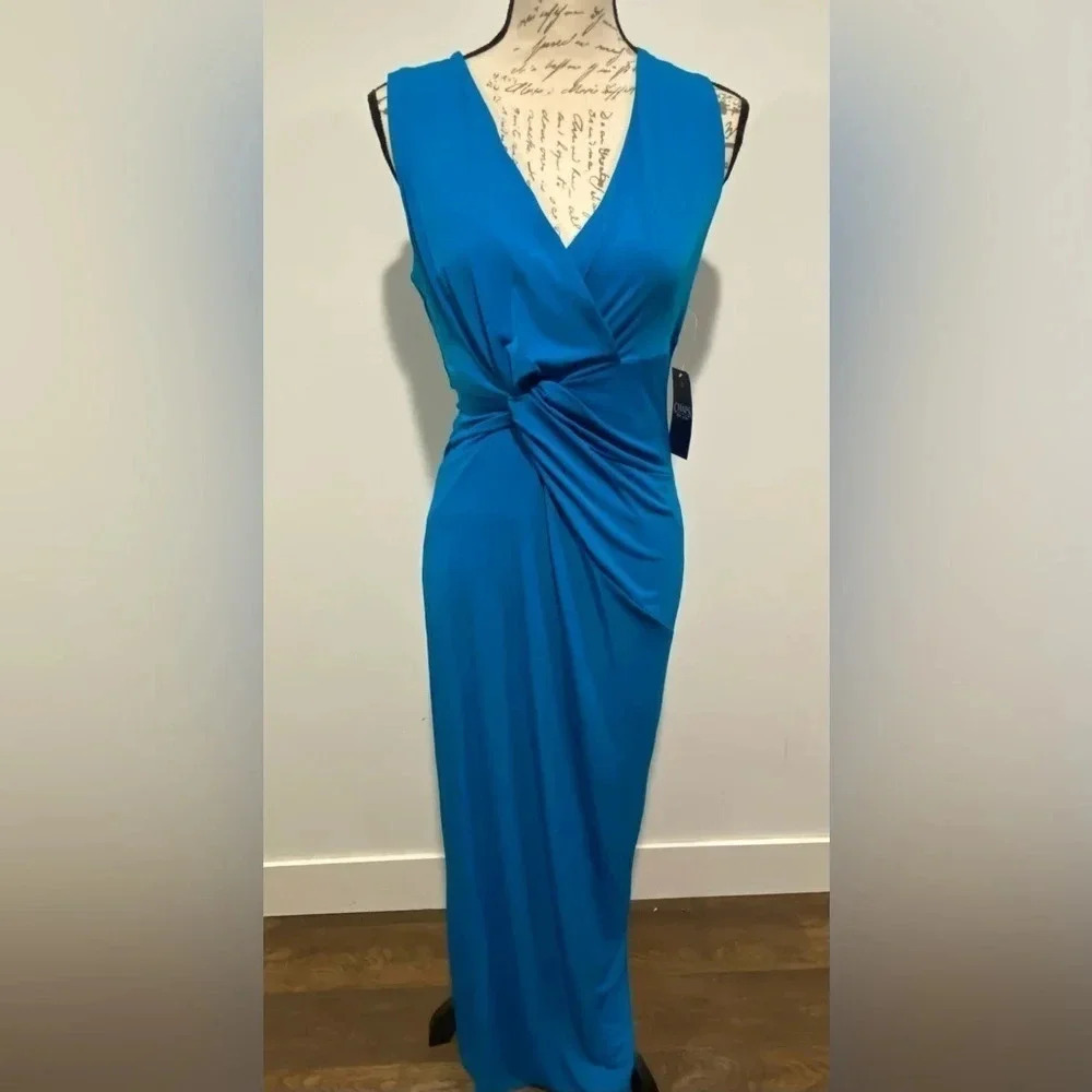 CHAPS Maxi full length slinky V-Neck dress. Size 4. Bright teal blue. NWT